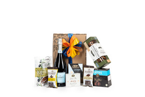 Gourmet sparkling wine gift box featuring La Marca Prosecco, and sweet and savoury snacks (chocolate, crackers, nuts, etc.), packaged in signature Green & Green gift box with ribbon and bow. Gourmet sparkling wine gift box featuring La Marca Prosecco, and sweet and savoury snacks (chocolate, crackers, nuts, etc.), packaged in signature Green & Green gift box with ribbon and bow.