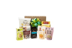 Gourmet gift basket featuring sweet and savoury snacks (chocolate, cookies, crackers, nuts, etc.) packaged in signature Green & Green gift box with ribbon and bow. Gourmet gift basket featuring sweet and savoury snacks (chocolate, cookies, crackers, nuts, etc.) packaged in signature Green & Green gift box with ribbon and bow.