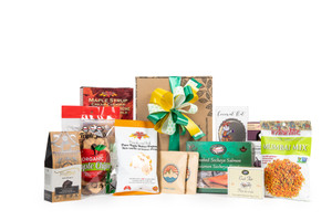 Gourmet gift basket featuring BC local snacks (chocolate, candies, crackers, smoked salmon, etc.) packaged in signature Green & Green gift box with ribbon and bow. Gourmet gift basket featuring BC local snacks (chocolate, candies, crackers, smoked salmon, etc.) packaged in signature Green & Green gift box with ribbon and bow.