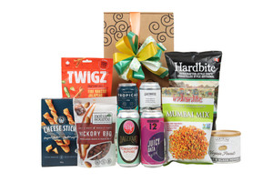Gourmet gift box featuring local beers paired with sweet and savoury snacks (chocolate, crackers, nuts, etc.), packaged in signature Green & Green gift box with ribbon and bow. Gourmet gift box featuring local beers paired with sweet and savoury snacks (chocolate, crackers, nuts, etc.), packaged in signature Green & Green gift box with ribbon and bow.