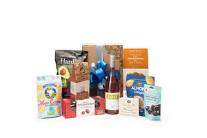 Gourmet Rose wine gift box featuring JoieFarm Winery 2022 Rose paired with sweet and savoury snacks (chocolate, crackers, nuts, etc.), packaged in signature Green & Green gift box with ribbon and bow. Gourmet Rose wine gift box featuring JoieFarm Winery 2022 Rose paired with sweet and savoury snacks (chocolate, crackers, nuts, etc.), packaged in signature Green & Green gift box with ribbon and bow.