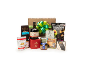 Gourmet rum wine gift box featuring El Dorado 12 Year Old Finest Demerara Rum paired with sweet and savoury snacks (chocolate, crackers, nuts, etc.), packaged in signature Green & Green gift box with ribbon and bow. Gourmet rum wine gift box featuring El Dorado 12 Year Old Finest Demerara Rum paired with sweet and savoury snacks (chocolate, crackers, nuts, etc.), packaged in signature Green & Green gift box with ribbon and bow.