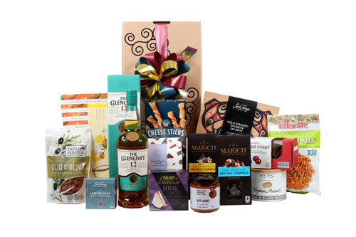 Gourmet gift box featuring GLENLIVET - 12 YEAR OLD Double Oak paired with sweet and savoury snacks (chocolate, crackers, nuts, etc.), packaged in signature Green & Green gift box with ribbon and bow.