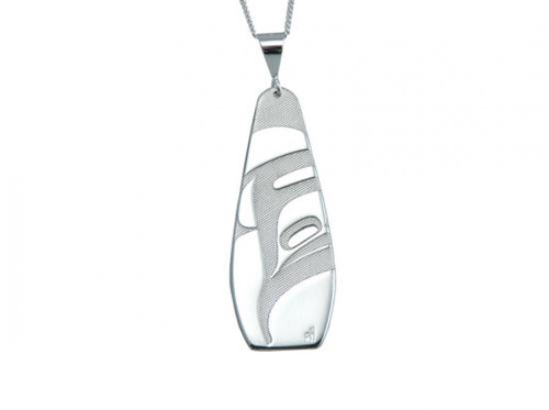 Silver pewter drop pendant, etched with a West Coast First Nations abstract design, on a sterling silver chain.