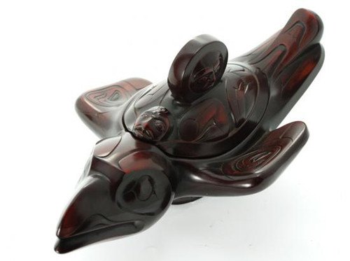 Rosewood spirit box carved in West Coast First Nations raven design.