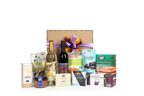 Gourmet gift Box featuring BC Red and White with Bench 1775 Winery 2019 Cabernet Sauvignon Syrah and 2019 Sauvignon Blanc.  Paired with local snacks (crackers, cheese, smoked salmon, etc.) packaged in signature Green & Green gift box with ribbon and bow.
BC wine gift box filled with a variety of local gourmet products. Great for any occasion.