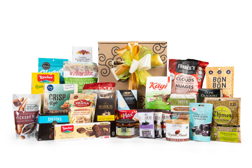 Gourmet gift basket featuring sweet and savory snacks (chocolate, cookies, chips, etc.) packaged in signature Green & Green gift box with ribbon and bow. 
