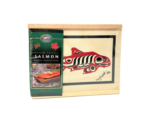 Wild Smoked Salmon in a beautiful Cedar Box painted indigenous salmon art.