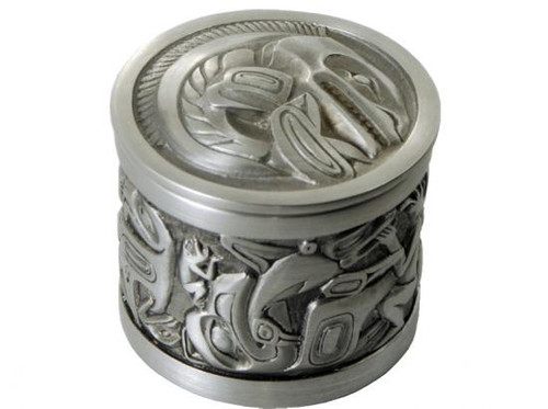 Round pewter box with West Coast First Nations' salmon design.