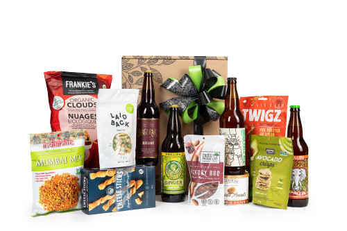 Gourmet beer gift box featuring four 650mL bottles of local BC beer, and savory snacks (chips, nuts, etc.) packaged in signature Green & Green gift box with  ribbon and bow.