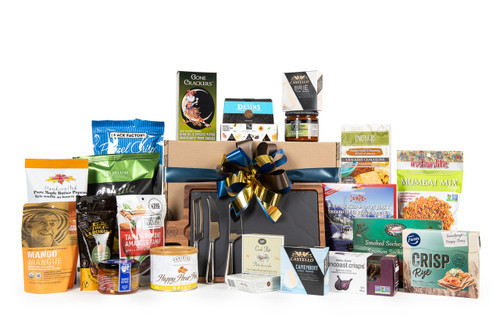 Gourmet gift basket featuring appetizers (crackers, cheese, antipasto, smoked salmon, etc.) packaged in signature Green & Green gift box with ribbon and bow.  Also included is a slate board and a set of cheese knife.