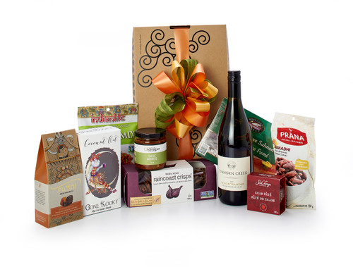 Gourmet gift basket featuring Tinhorn Creek Gewürztraminer,  BC local snacks (chocolate, crackers, smoked salmon, etc.) packaged in signature Green & Green gift box with ribbon and bow.
