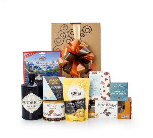 Gourmet gift basket featuring  Hendrick's Gin, and gourmets snacks, packaged in signature Green & Green gift box with ribbon and bow.