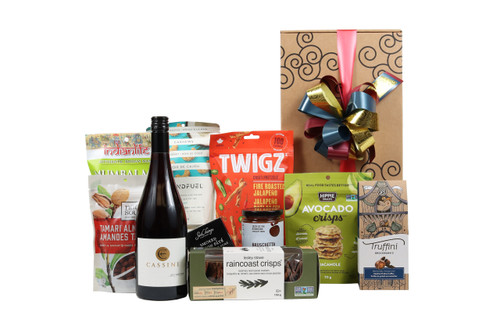 Gourmet gift box featuring Cassini Cellars Pinot Noir paired with Canadian sweet and savoury snacks (chocolate, crackers, nuts, etc.), packaged in signature Green & Green gift box with ribbon and bow.