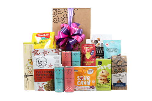 Gourmet gift box featuring Bollicini Sparkling Cuvee & Bollicini Sparkling Rosé paired with sweet and savoury snacks (chocolate, crackers, nuts, etc.), packaged in signature Green & Green gift box with ribbon and bow.