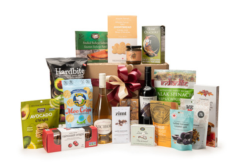 Gourmet red and white wine gift box featuring Nichol Vineyard Okanagan Valley Pinot Gris and Narrative by Okanagan Crush Pad Cabernet Franc paired with sweet and savoury snacks (chocolate, crackers, nuts, etc.), packaged in signature Green & Green gift box with ribbon and bow.