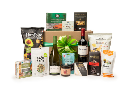 Gourmet red and white wine gift box featuring Cloudy Bay Sauvignon Blanc & Tenuta Sette Ponti Crognolo paired with sweet and savoury snacks (chocolate, crackers, nuts, etc.), packaged in signature Green & Green gift box with ribbon and bow.