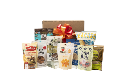 Gourmet gift box featuring vegan snacks.