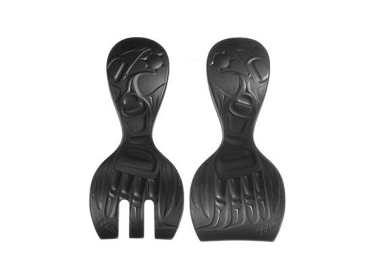 Black recycled glass salad servers with West Coast First Nations raven design.