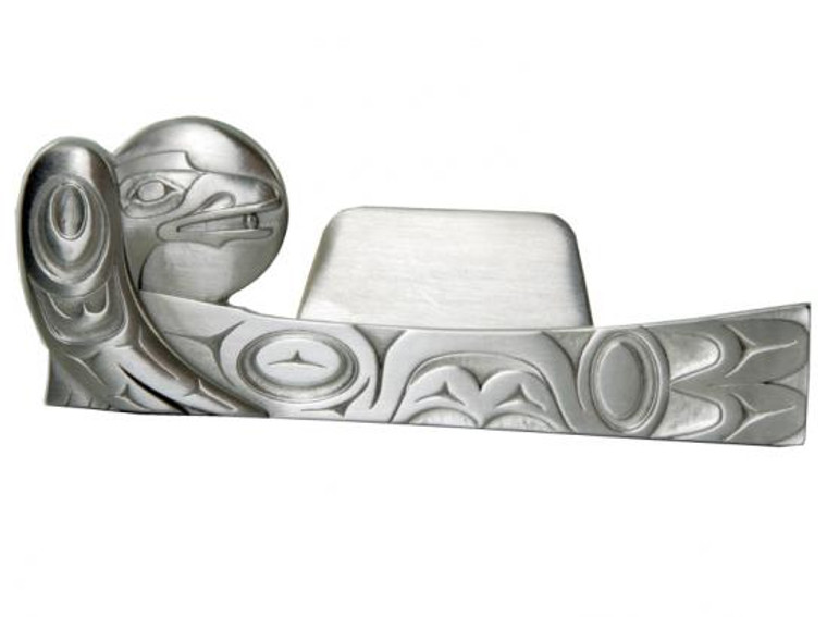 Pewter business card holder with West Coast First Nations raven design.