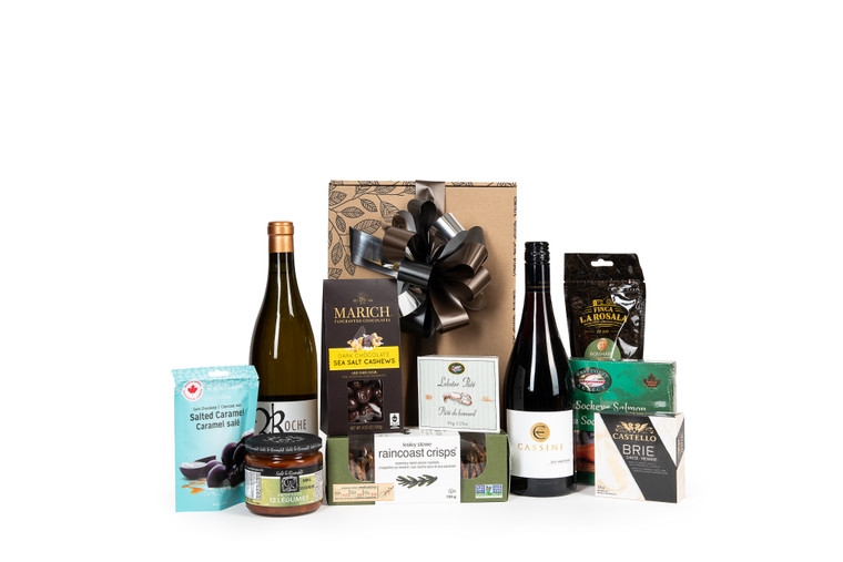 Gourmet BC wine gift box featuring Cassini Cellars Pinot Noir and Roche Pinot Gris 2018 paired with BC local snacks (chocolate, crackers, smoked salmon, etc.), packaged in signature Green & Green gift box with ribbon and bow.