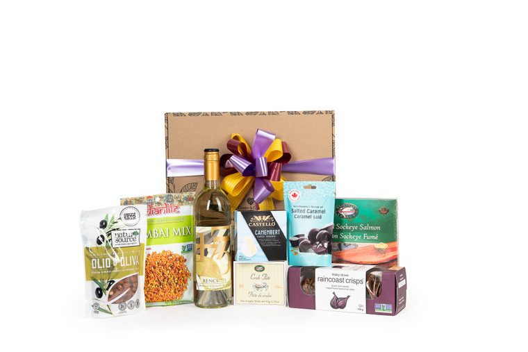 Gourmet gift basket featuring BC White with Bench 1775 Winery 2019 Sauvignon Blanc and local snacks (crackers, cheese, smoked salmon, etc.) packaged in signature Green & Green gift box with ribbon and bow.