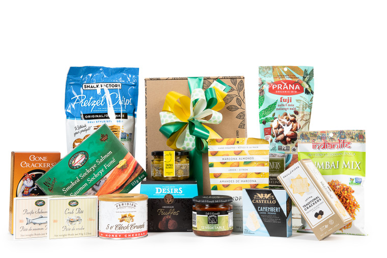 Gourmet gift basket featuring appetizers (crackers, cheese, antipasto, smoked salmon, etc.) packaged in signature Green & Green gift box with ribbon and bow.