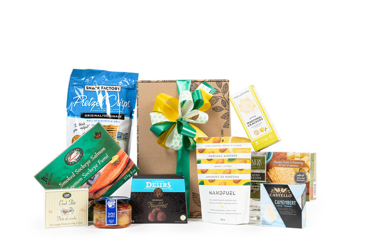 Gourmet gift basket featuring appetizers (crackers, cheese, antipasto, smoked salmon, etc.) packaged in signature Green & Green gift box with ribbon and bow.