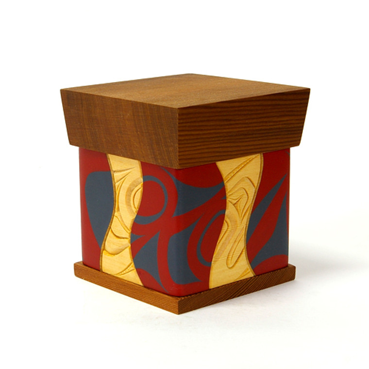 Bentwood Box - Carved and painted steam bent yellow cedar with red cedar top and bottom Design meaning:Trickster, the Transformer