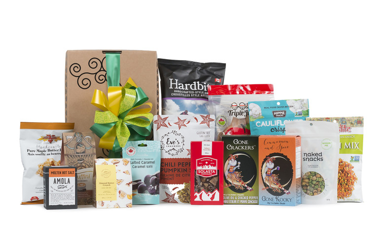 Gourmet gift basket featuring local products from Lower Mainland, packaged in signature Green & Green gift box with ribbon and bow.