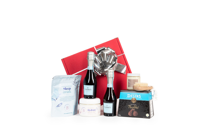 Spa gift box featuring two bottles of La Marca Prosecco DOC  packaged in gift box with ribbon and bow.