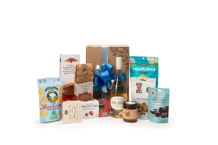 Gourmet red and white wine gift box featuring Nichol Vineyard Okanagan Valley Pinot Gris paired with sweet and savoury snacks (chocolate, crackers, nuts, etc.), packaged in signature Green & Green gift box with ribbon and bow.