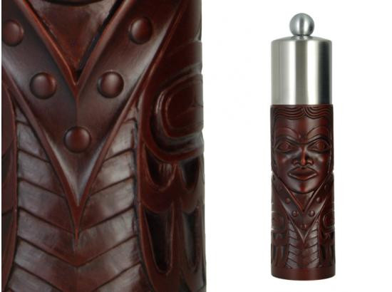 Red-brown recycled glass grinder with West Coast First Nations princess design.