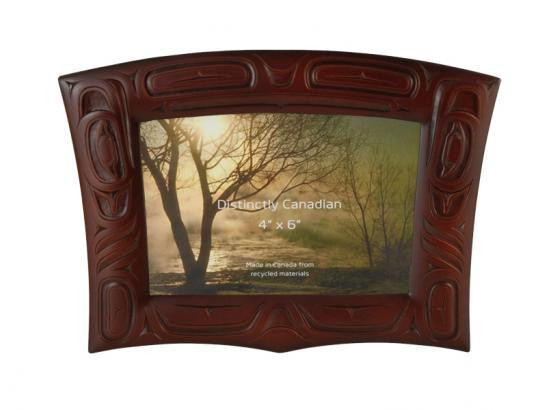 Red-brown recycled glass horizontal picture frame with West Coast First Nations design.