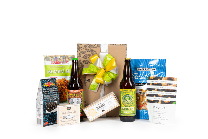 Gourmet beer gift box featuring two 650mL bottles of BC local beer, and BC local snacks (crackers, chocolate, etc.) packaged in signature Green & Green gift box with ribbon and bow.