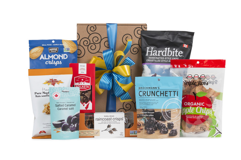 Gourmet gift basket featuring local products from Lower Mainland, packaged in signature Green & Green gift box with ribbon and bow.