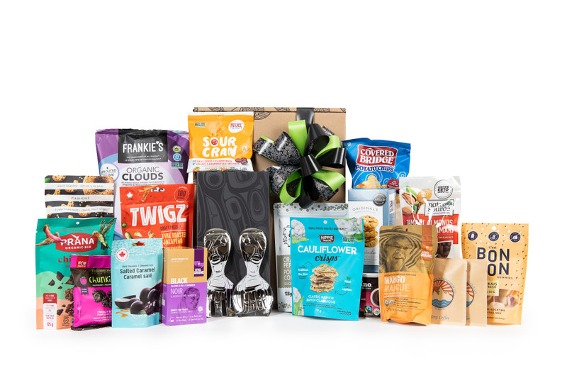 Gourmet gift box featuring sweet and savory items from Canada and Bill Helin Raven Chromium Plated Salad Serving Set, wrapped in Green & Green signature gift box.  Canadian Roadtrip 