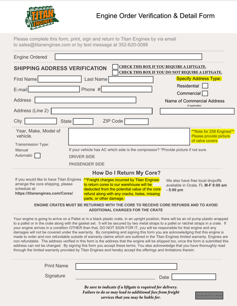 Titan Engine Authorization Form