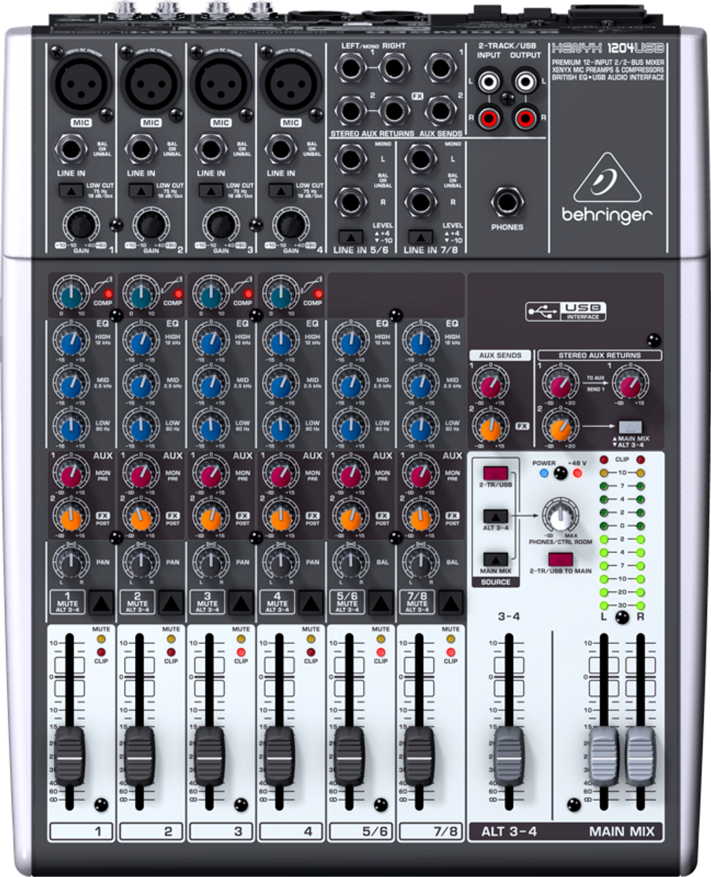 does the behringer xenyx x1204usb premium 12-input 2/2-bus mixer have a preamp