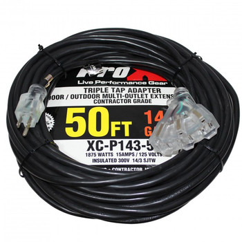 ProX 50 Ft. 120 VAC NEMA 15 Extension Power Cord 14 AWG - 3 Tap Female Outlets ProX 50 Ft. 120 VAC NEMA 15 Extension Power Cord 14 AWG - 3 Tap Female Outlets