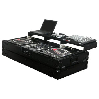 Universal Black 12" Format DJ Mixer and Two Battle Position Turntables Flight Coffin Case with Full Glide Platform