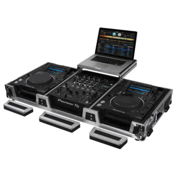 Black Low Profile 12" Format DJ Mixer and Two Large Format Media Players Flight Coffin Case with Wheels and Glide Platform