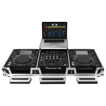 Low Profile 12" Format DJ Mixer and Two Large Format Media Players Flight Coffin Case with Wheels and Glide Platform