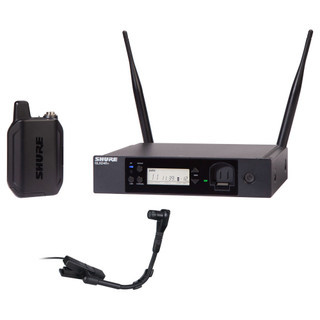 Shure The GLX-D+ Dual Band Wireless Rack System features the precision-crafted BETA® 98H/C flexible gooseneck microphone for brass, woodwind and percussion applications and the GLXD4R+ half-rack receiver.