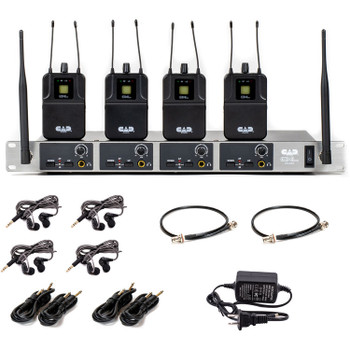 CAD GXLIEM4 Frequency Agile Quad Mix Wireless In Ear Monitor System - Four discrete channels - Includes MEB1 Earbuds, Integral Rack Ears and Antenna Relocation Kit.