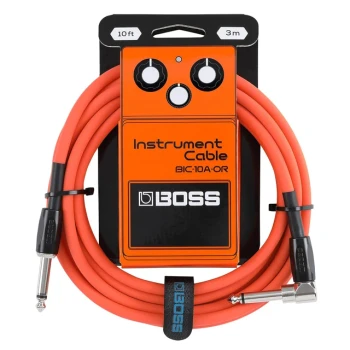 BOSS BIC-10A-OR Instrument Cable Orange, 10ft/3m Straight-to-Angled 1/4-Inch Cable with Oxygen-Free Copper Core and Braided Shielding for Guitar, Bass, Keyboards, and Professional Audio Applications (BIC-10A-OR)
