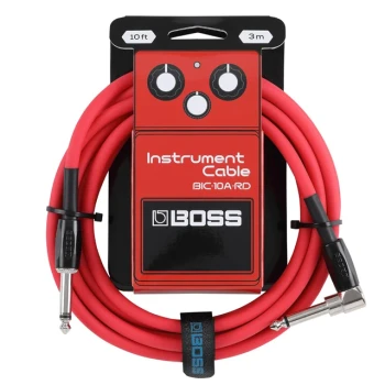 BOSS BIC-10A-RD Instrument Cable Red, 10ft/3m Straight-to-Angled 1/4-Inch Cable with Oxygen-Free Copper Core and Braided Shielding for Guitar, Bass, Keyboards, and Professional Audio Applications (BIC-10A-RD)