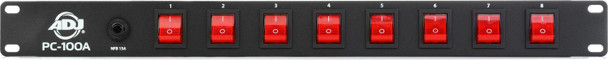 Product Description
The ADJ PC-100A is a professional 1U rackmount power distribution center designed for DJs, musicians, AV installers, lighting technicians, and live event professionals. It provides organized power management through eight individually switched outlets, allowing users to conveniently control lighting, audio, video, and other rack-mounted equipment from a single location. Its rugged construction, illuminated switches, and built-in circuit protection make it a reliable solution for stage, studio, and installation environments.

Features

1U rackmount power distribution center
Eight individually controlled rear-panel AC outlets
Eight illuminated front-panel rocker switches
15A resettable circuit breaker for overload protection
Maximum load capacity: 15A / 1800W
Eight 120V, 3-prong grounded AC outlets
Ideal for controlling lighting, sound, and AV equipment
Reduces cable clutter and simplifies power management
Heavy-duty metal chassis construction
Includes 6 ft (1.8 m) attached power cord
Standard 19-inch rackmount design