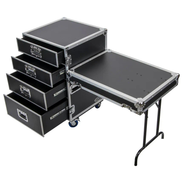 Deluxe Four Drawer Workbox Tour Flight Case with Casters and Side Table