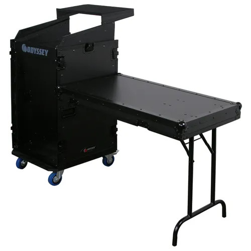 Deluxe Black 11U Top Slanted 16U Bottom Vertical Pro Combo Rack with Casters, Side Table, and Glide Platform